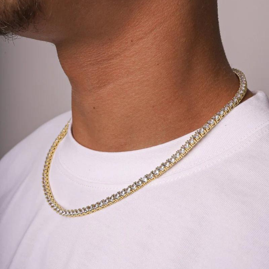 Men's model displaying the Tennis Chain in 18K Gold with 4MM links from a different angle, showcasing its striking design and opulent finish for a standout accessory.