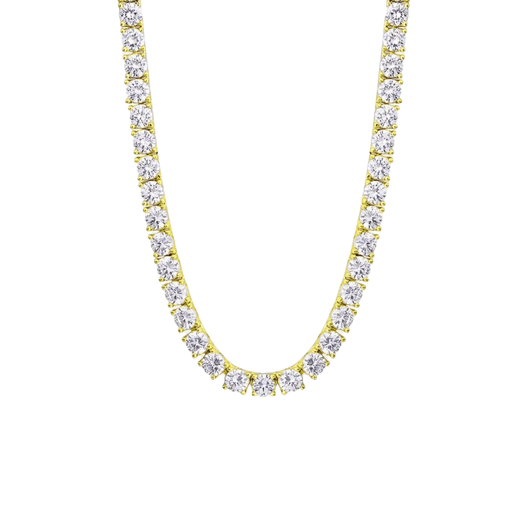 Stunning Tennis Chain crafted in 18K Gold with 4MM links, featuring a bold and elegant design that adds a sophisticated touch of luxury to any outfit.