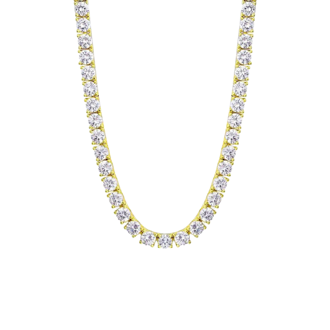 Stunning Tennis Chain crafted in 18K Gold with 4MM links, featuring a bold and elegant design that adds a sophisticated touch of luxury to any outfit.