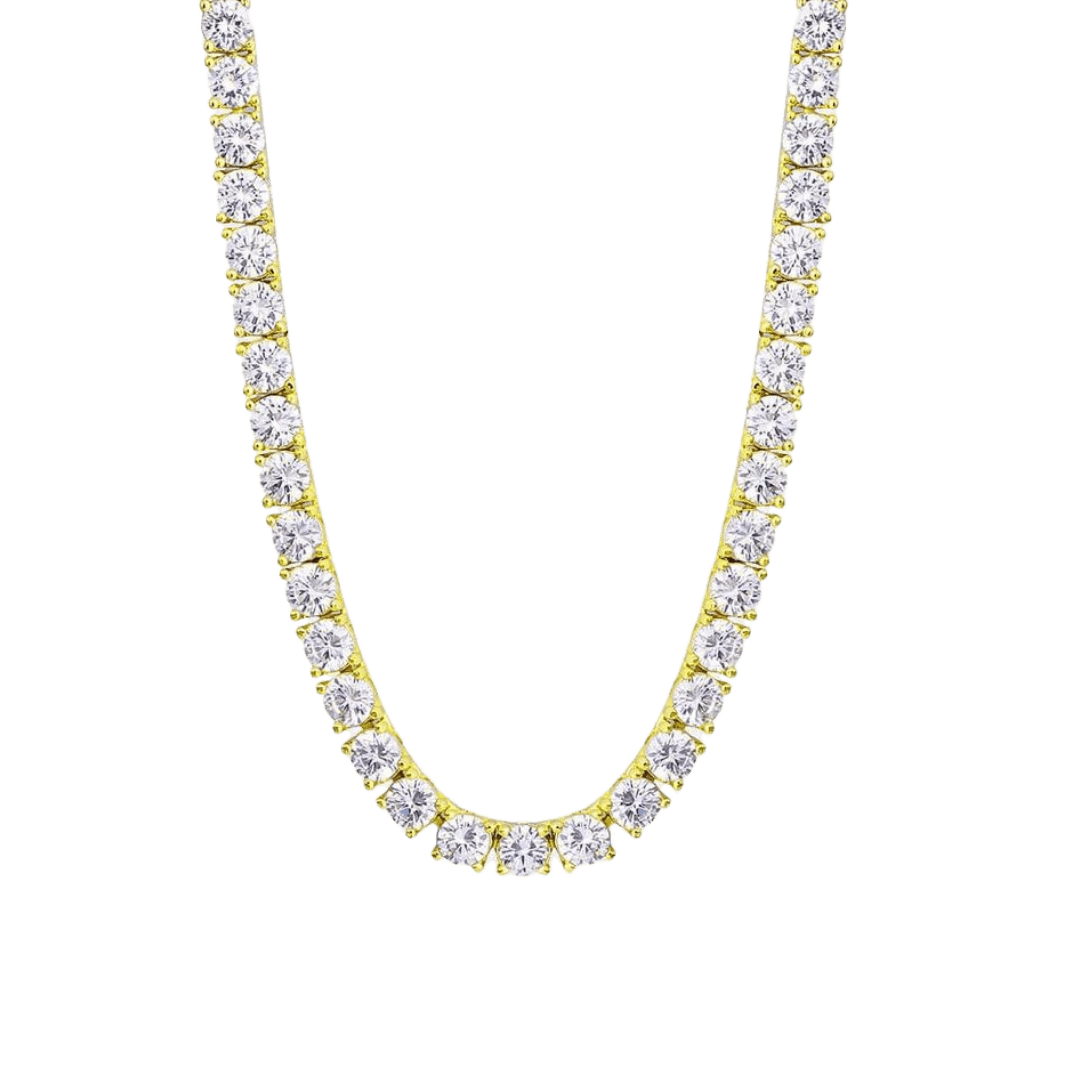 Exquisite Tennis Chain crafted in 18K Gold with 5MM links, featuring a bold and luxurious design that enhances any outfit with a sophisticated and high-impact touch.