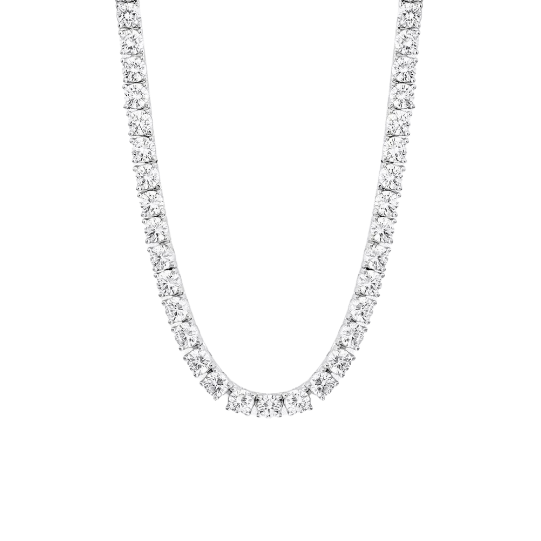 Stunning Tennis Chain crafted in White Gold with 4MM links, featuring a bold and sophisticated design that adds a touch of luxury and refinement to any outfit.