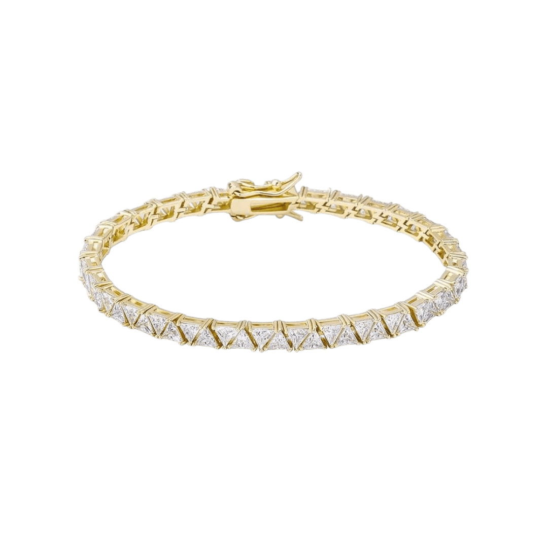 Elegant Triangle Tennis Bracelet crafted in 18K Gold with 5MM links, featuring a unique triangular design that adds a sophisticated and luxurious touch to any outfit.