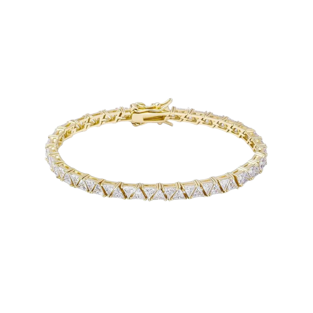 Elegant Triangle Tennis Bracelet crafted in 18K Gold with 5MM links, featuring a unique triangular design that adds a sophisticated and luxurious touch to any outfit.