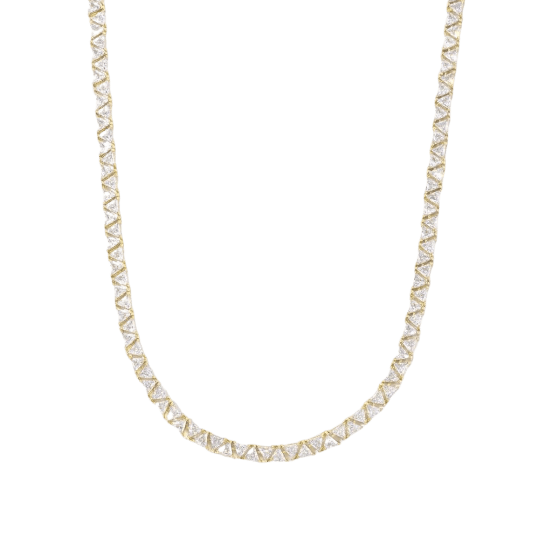 Distinctive Triangle Tennis Chain crafted in 18K Gold with 5MM links, featuring a unique triangular design that adds a bold and luxurious touch to any outfit.