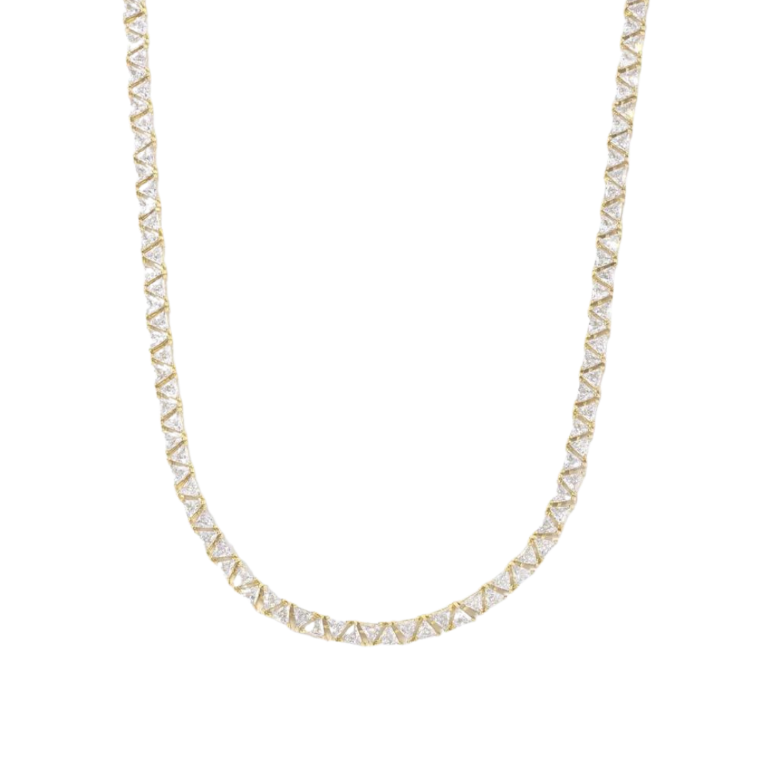 Distinctive Triangle Tennis Chain crafted in 18K Gold with 5MM links, featuring a unique triangular design that adds a bold and luxurious touch to any outfit.