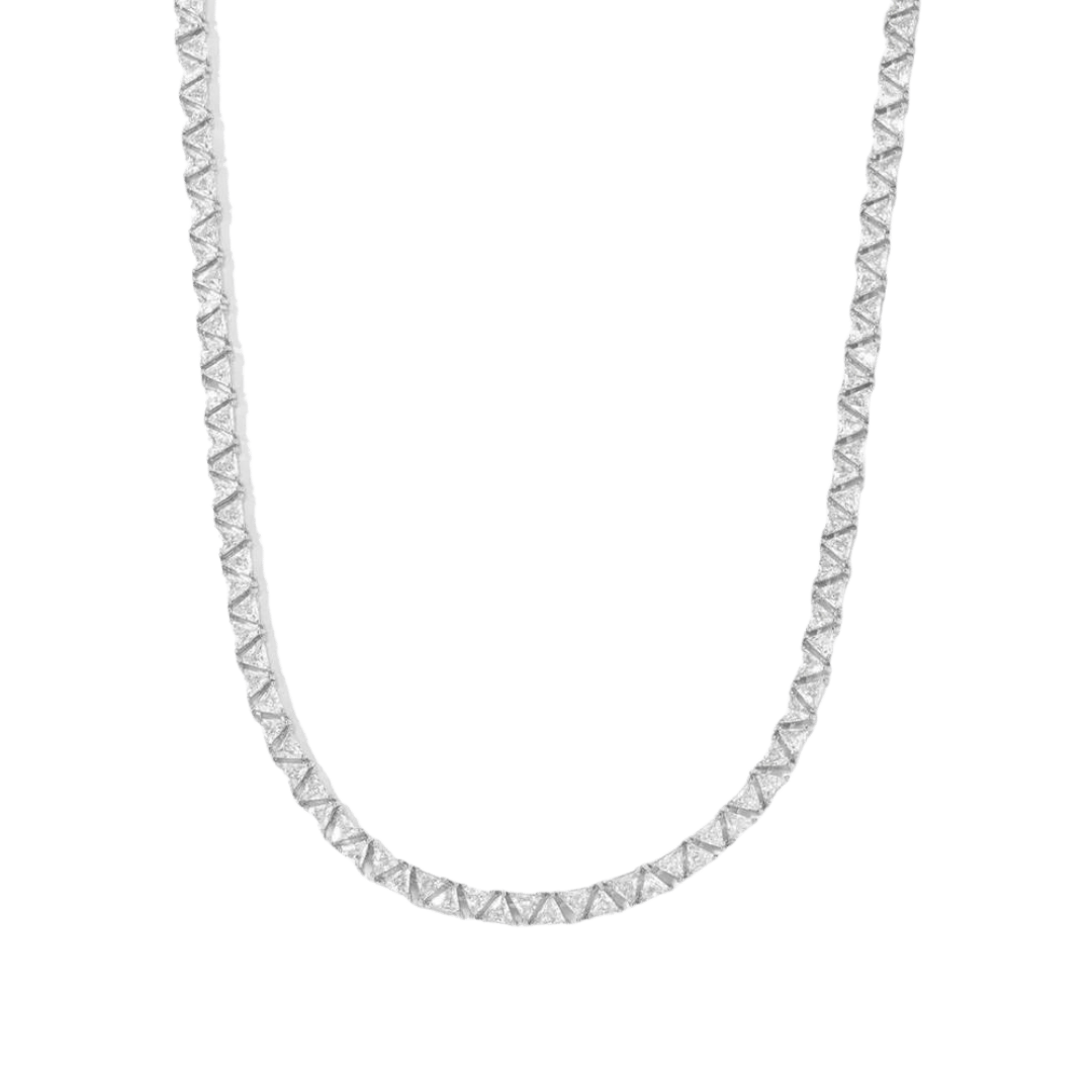 Elegant Triangle Tennis Chain crafted in White Gold with 5MM links, featuring a unique triangular design that adds a sophisticated and luxurious touch to any outfit.