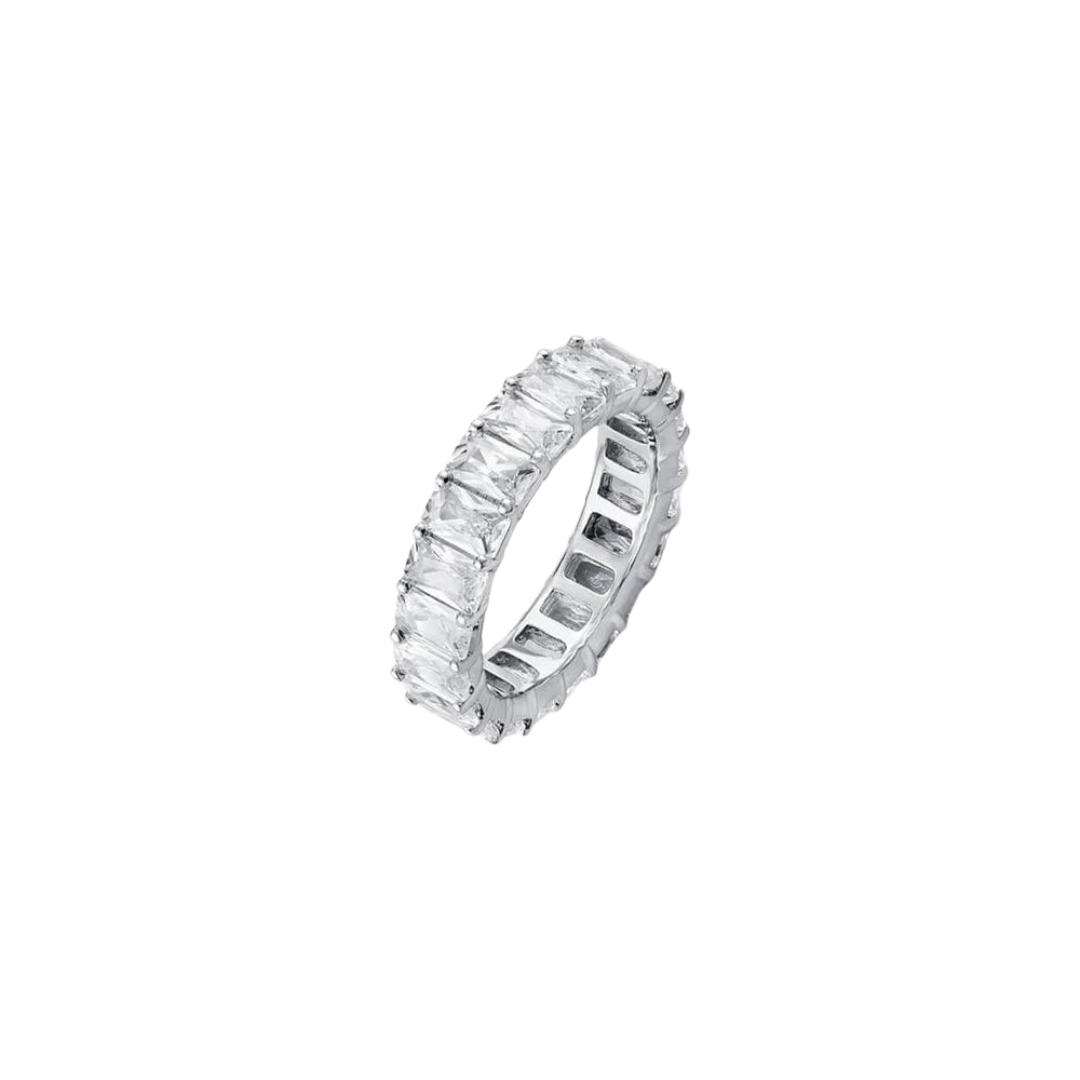 White gold clarity ring featuring a radiant centerpiece with sparkling diamonds or gemstones set in a sleek, polished band.