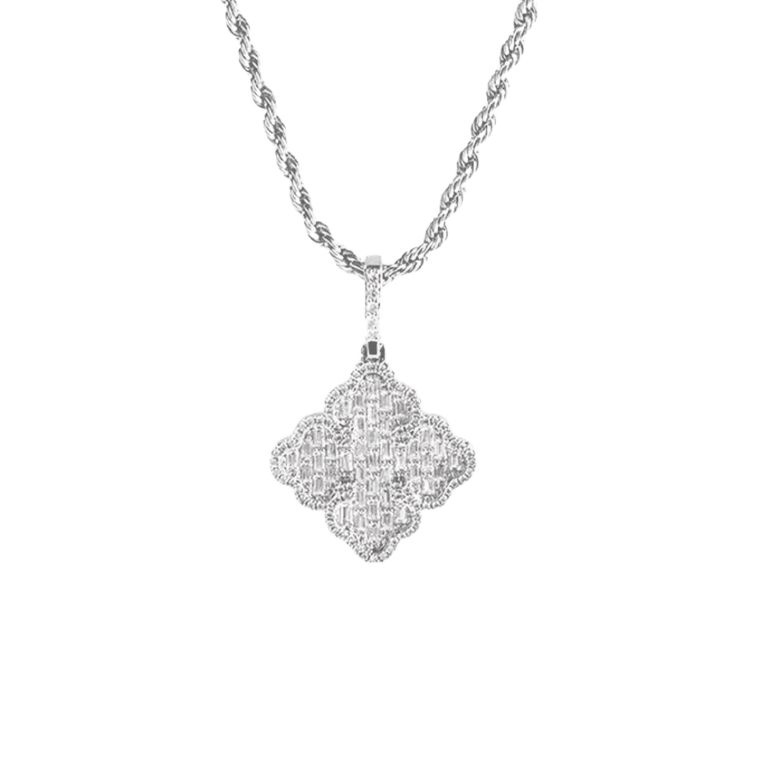 White gold clover pendant with a delicate, polished finish and intricate detailing, designed to capture light and add a touch of elegance.