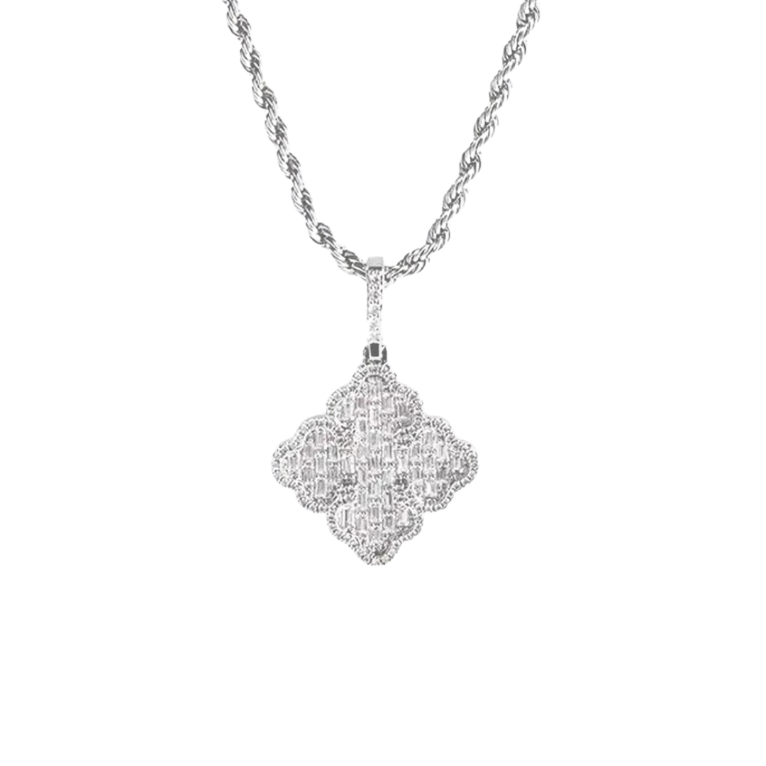 White gold clover pendant with a delicate, polished finish and intricate detailing, designed to capture light and add a touch of elegance.