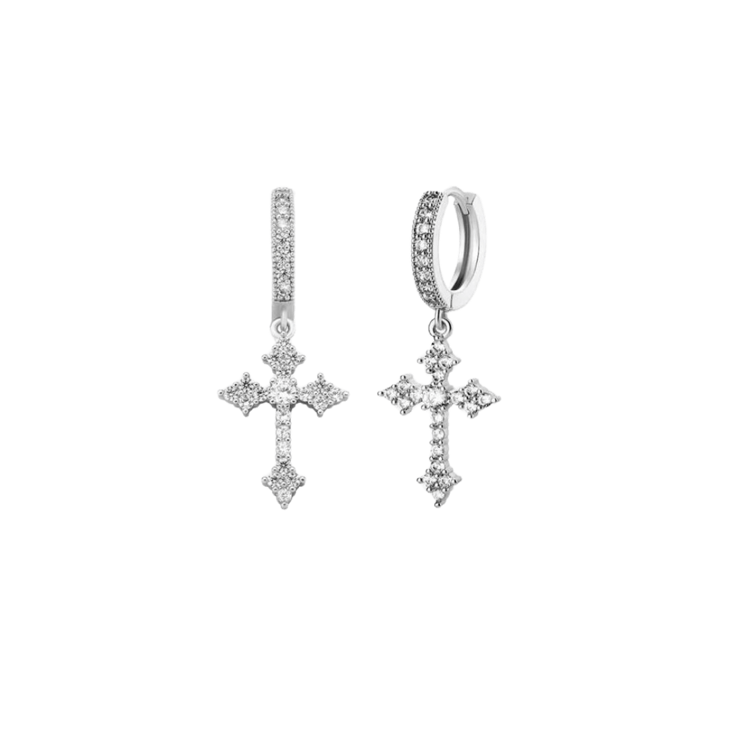 White gold cross earrings with a sleek, polished finish and a timeless cross design, providing a touch of elegance and sophistication.