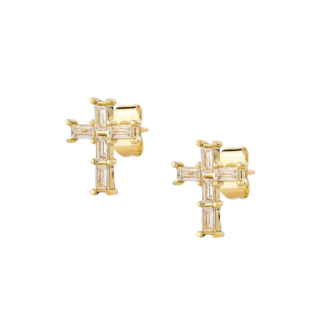 18k gold cross studs with a minimalist, polished design, providing a classic and elegant look for everyday wear.