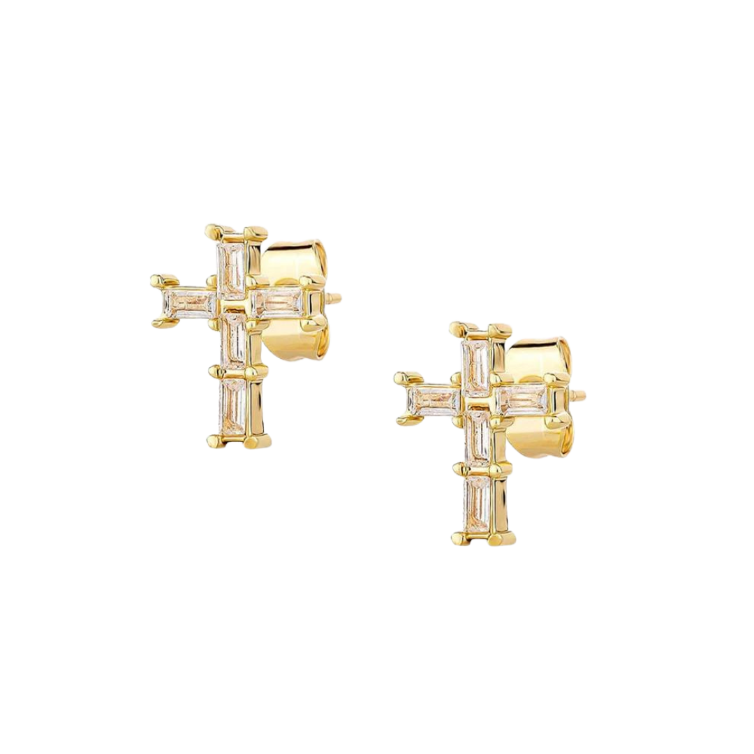 18k gold cross studs with a minimalist, polished design, providing a classic and elegant look for everyday wear.