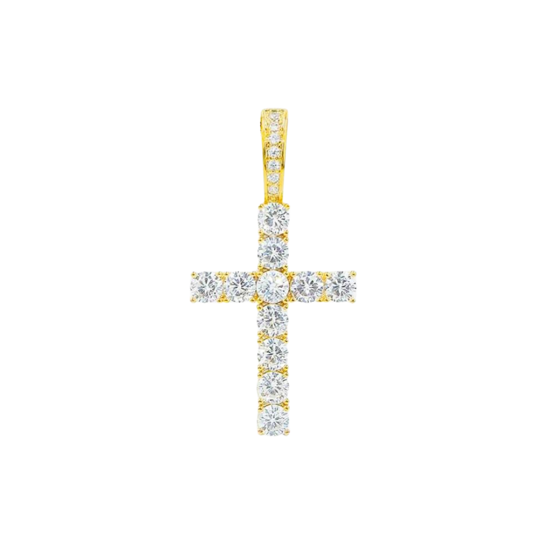 18k gold cross pendant adorned with sparkling crystals, featuring a classic design with a luxurious and radiant finish.