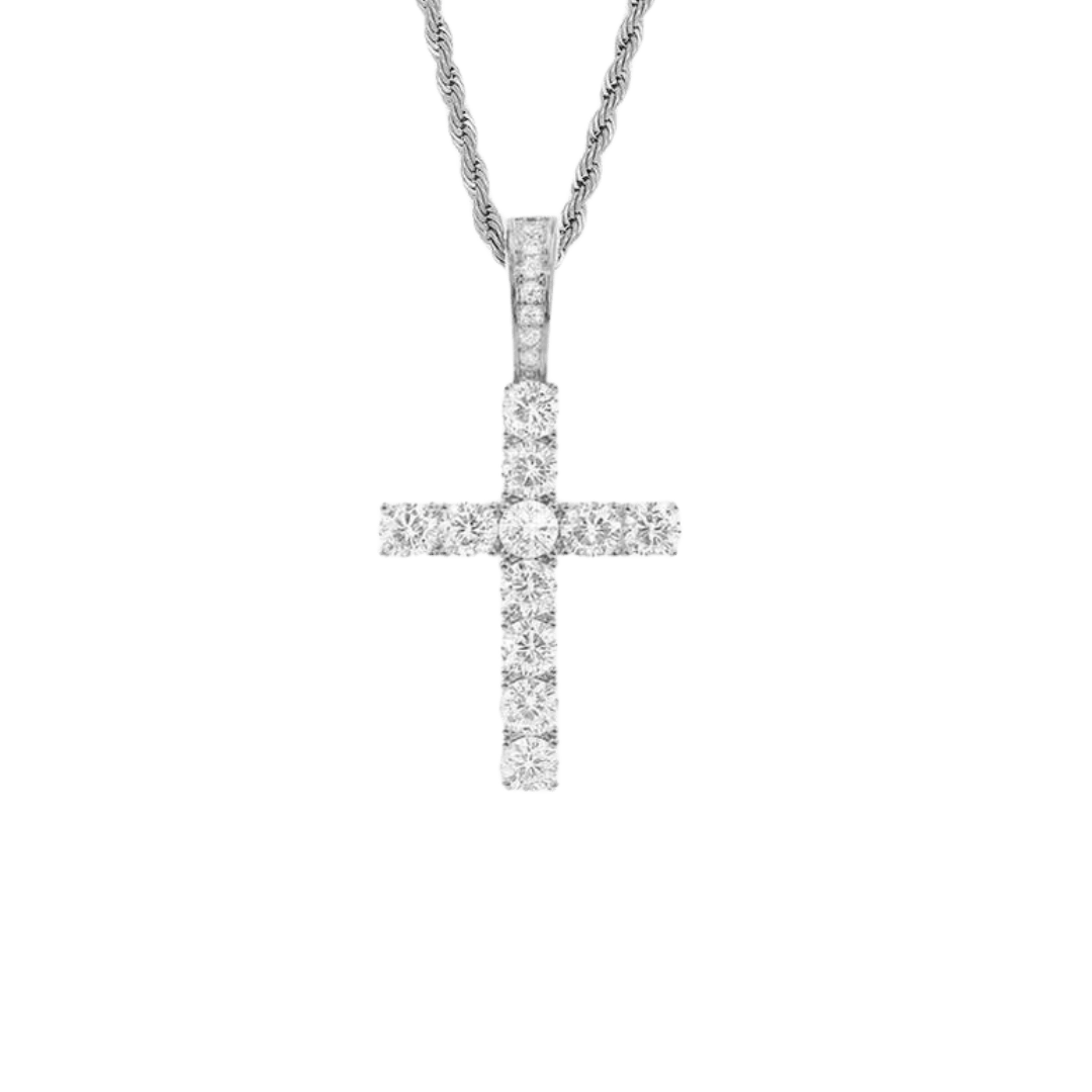 White gold cross pendant adorned with sparkling crystals, featuring a timeless design with a polished and luminous finish.