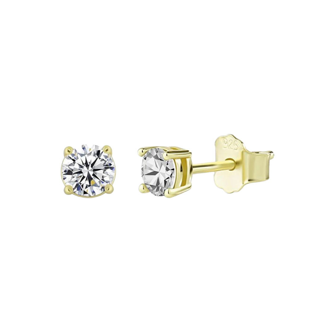 925 sterling silver crystal studs with 18k gold plating and moissanite gemstones, featuring a refined design with sparkling stones and a polished finish.