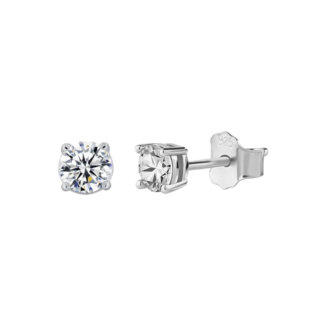 925 sterling silver crystal studs with white gold plating and moissanite gemstones, featuring a classic, sparkling design with a polished finish.