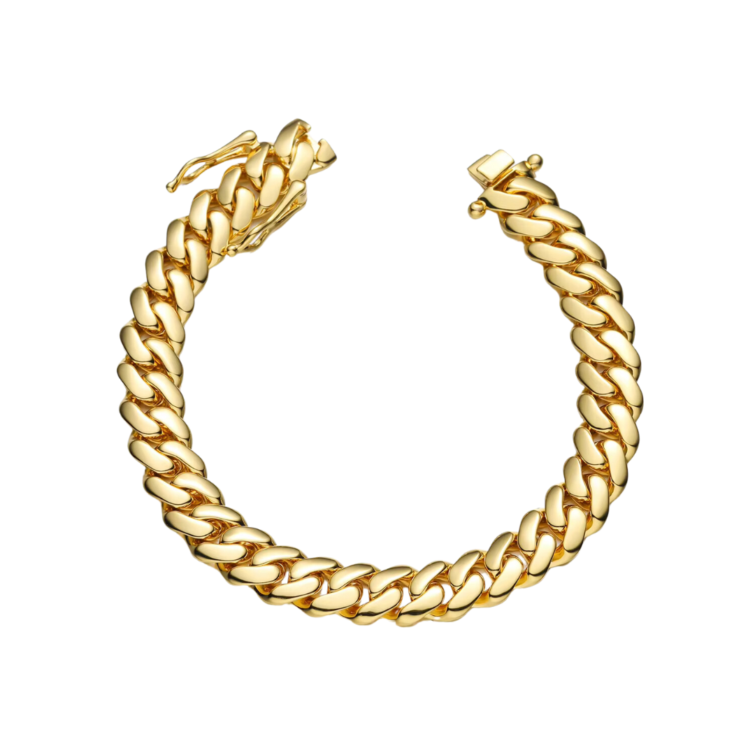 18k gold Cuban link bracelet with a 12mm width, featuring bold, interlinked segments that create a striking and sophisticated look.