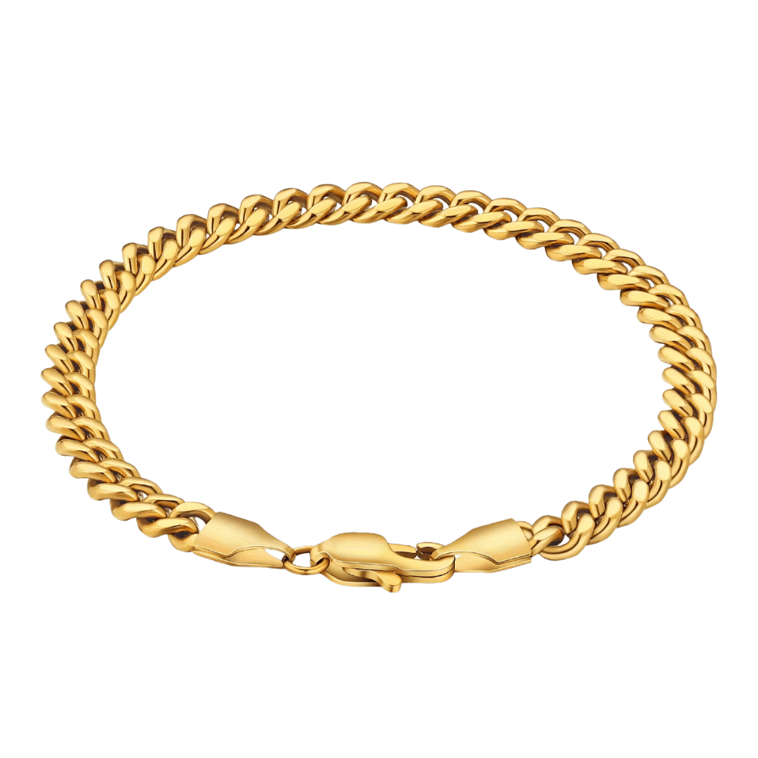 18k gold Cuban link bracelet with a 5mm width, featuring elegant, interlinked segments that provide a sleek and sophisticated look.