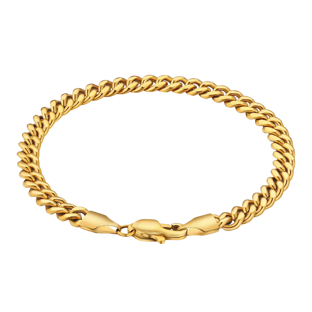 18k gold Cuban link bracelet with a 5mm width, featuring elegant, interlinked segments that provide a sleek and sophisticated look.