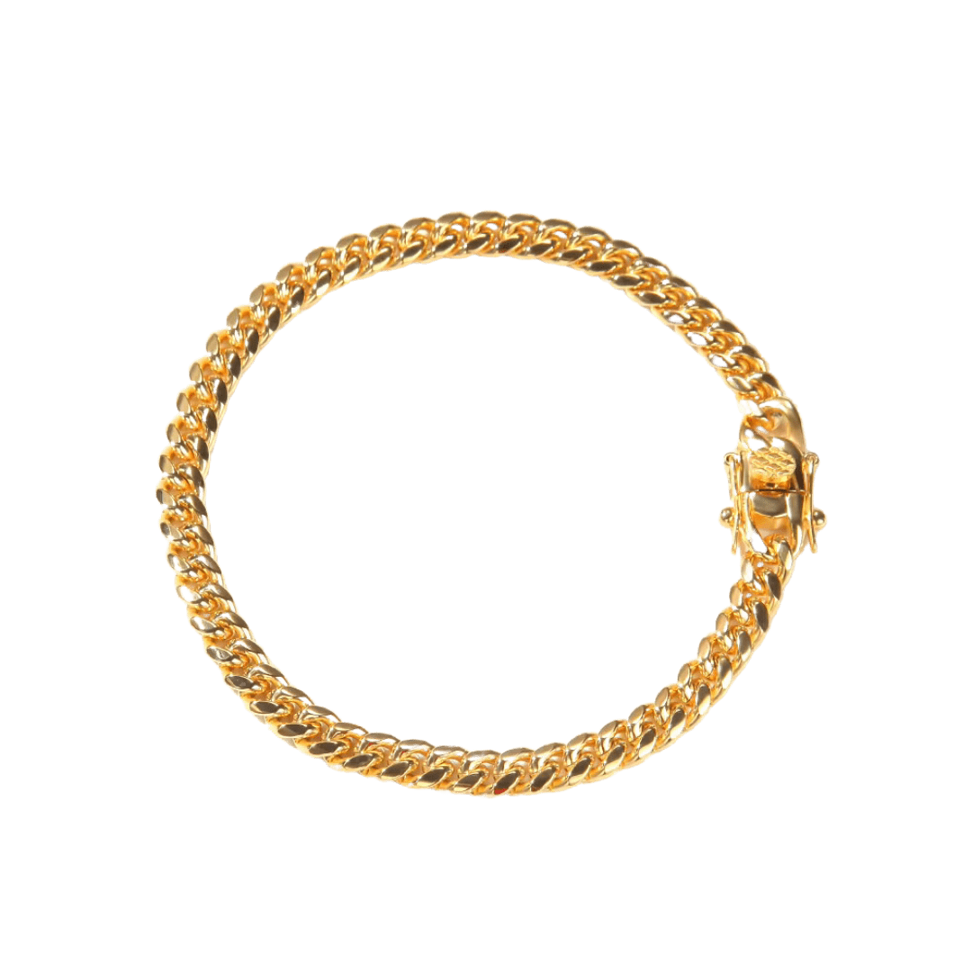 18k gold Cuban link bracelet with a 6mm width, featuring bold, interlinked segments that offer a refined and eye-catching look.