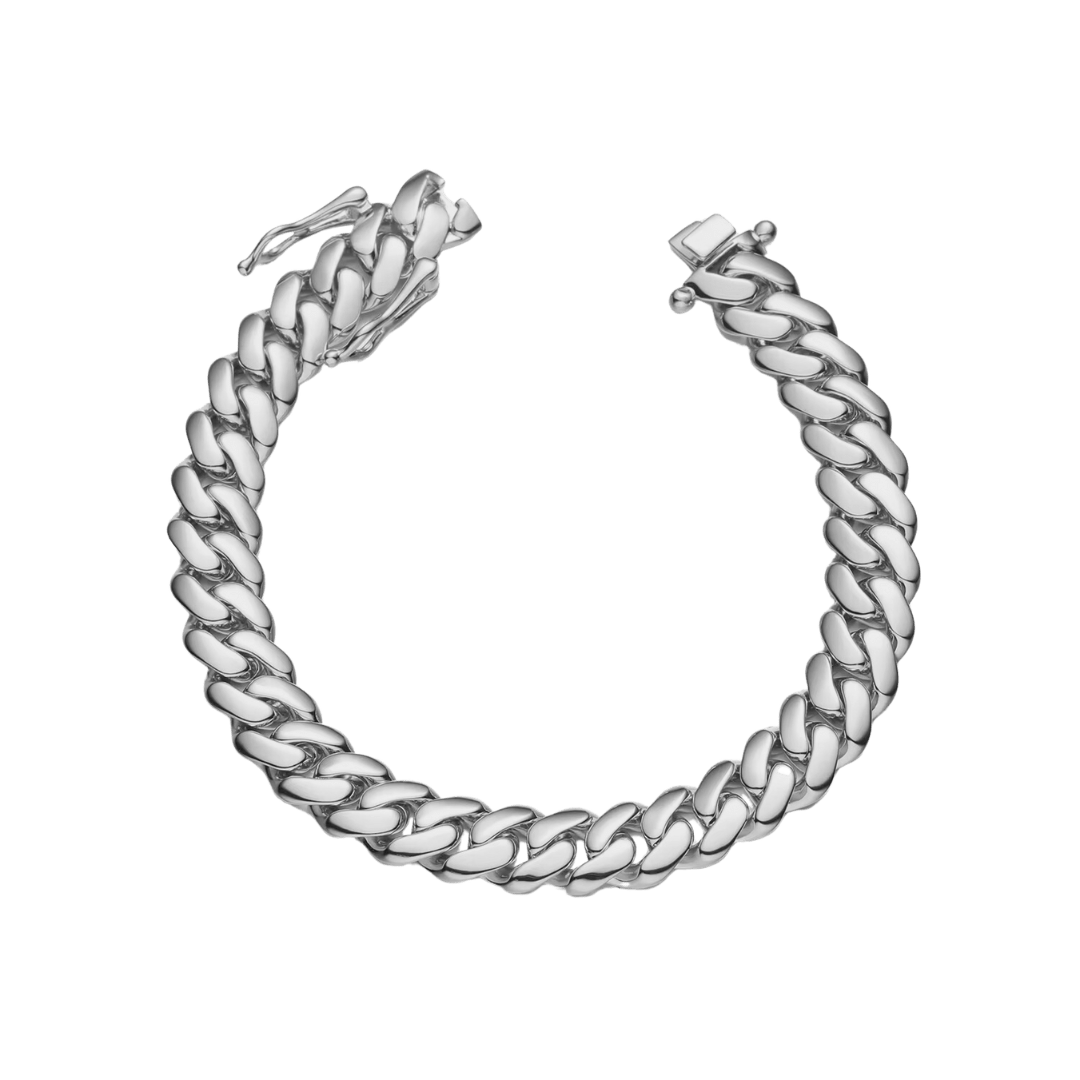 White gold Cuban link bracelet with a 12mm width, featuring bold, interlinked segments for a striking and luxurious appearance.