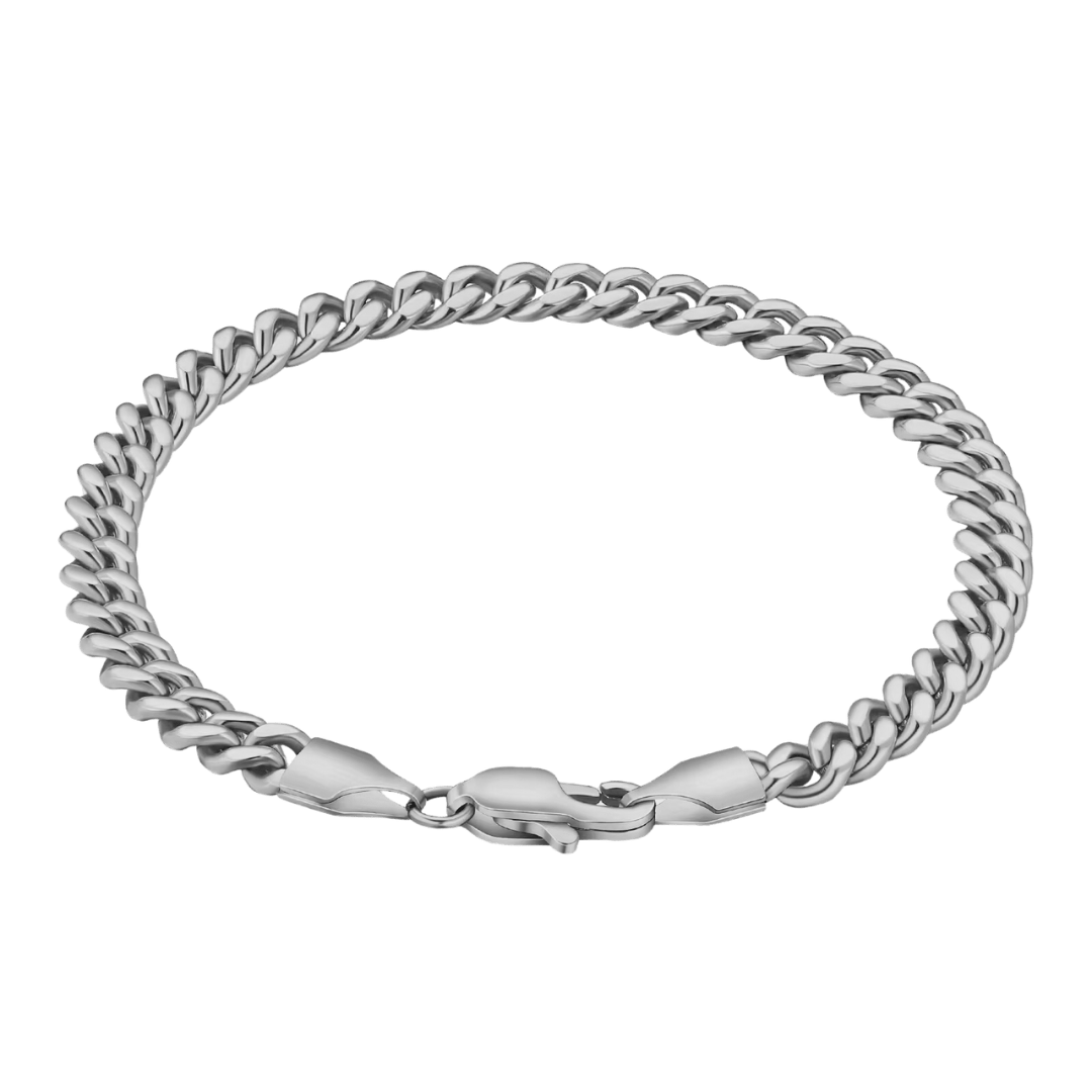 White gold Cuban link bracelet with a 5mm width, featuring sleek, interlinked segments for a sophisticated and understated look.