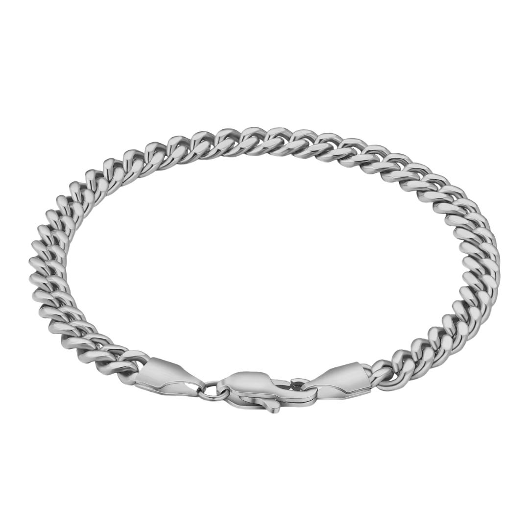 White gold Cuban link bracelet with a 5mm width, featuring sleek, interlinked segments for a sophisticated and understated look.