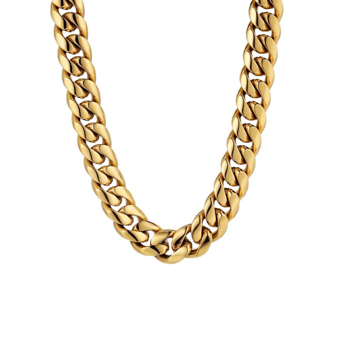 18k gold Cuban link chain with a 12mm width, featuring bold, interlinked segments that provide a luxurious and eye-catching design.