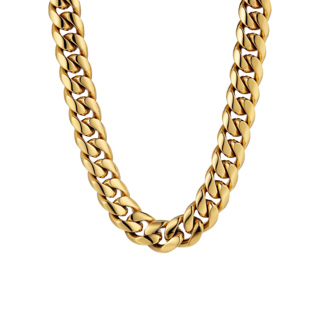 18k gold Cuban link chain with a 12mm width, featuring bold, interlinked segments that provide a luxurious and eye-catching design.