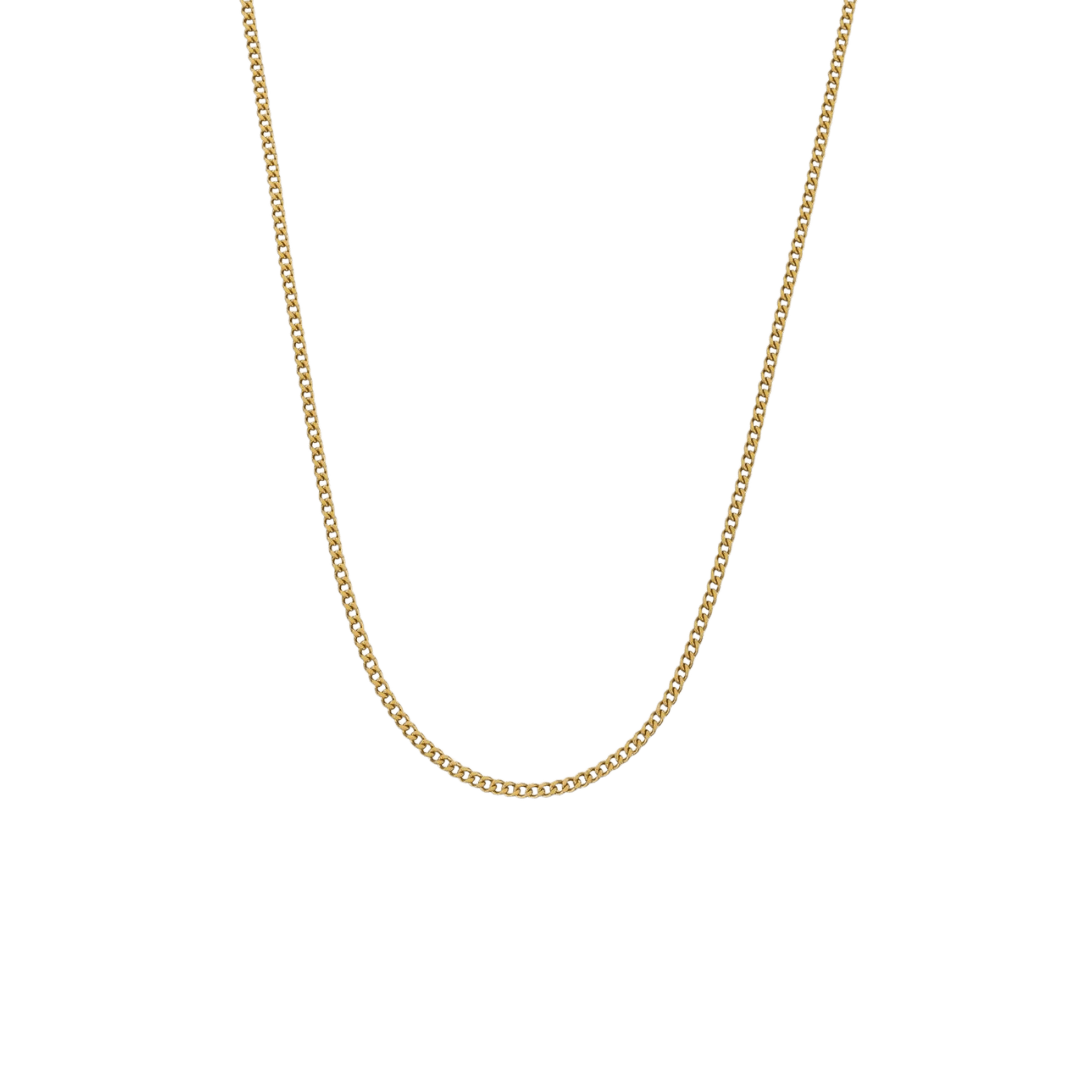 18k gold Cuban link chain with a 3mm width, featuring delicate, interlinked segments that offer a refined and elegant look.