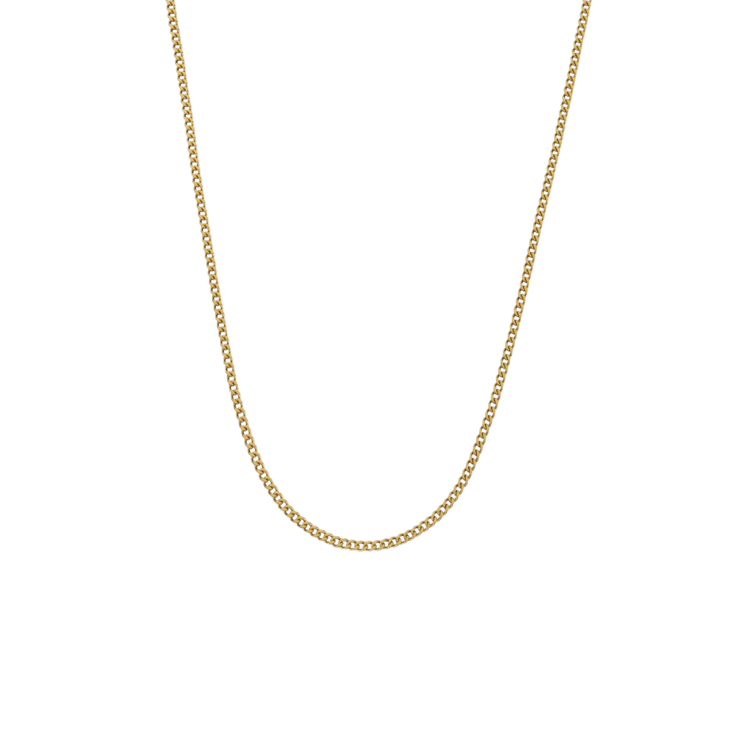 18k gold Cuban link chain with a 3mm width, featuring delicate, interlinked segments that offer a refined and elegant look.