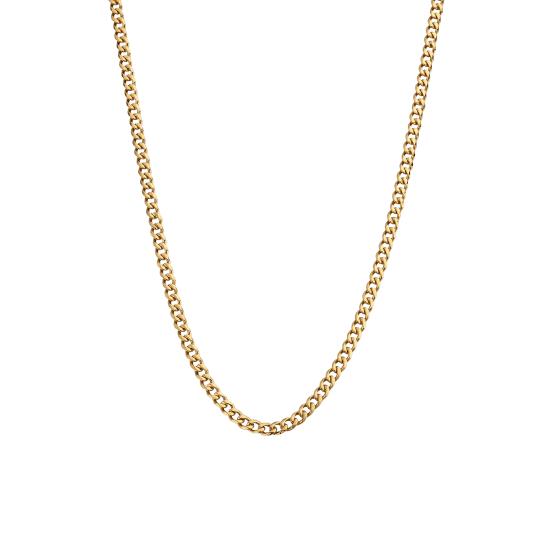 18k gold Cuban link chain with a 4mm width, featuring sleek, interlinked segments that provide a classic and polished look.