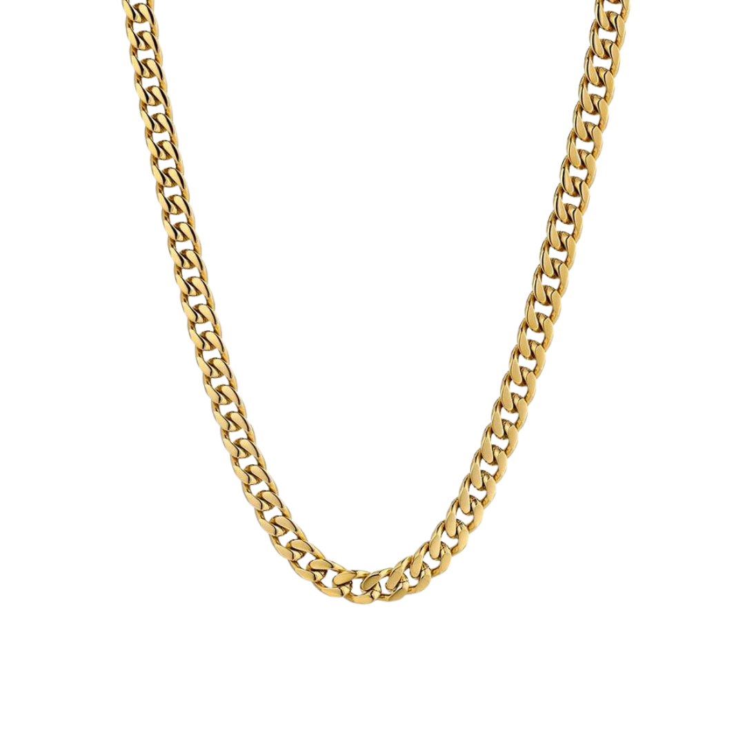 18k gold Cuban link chain with a 6mm width, featuring bold, interlinked segments that offer a luxurious and striking appearance.