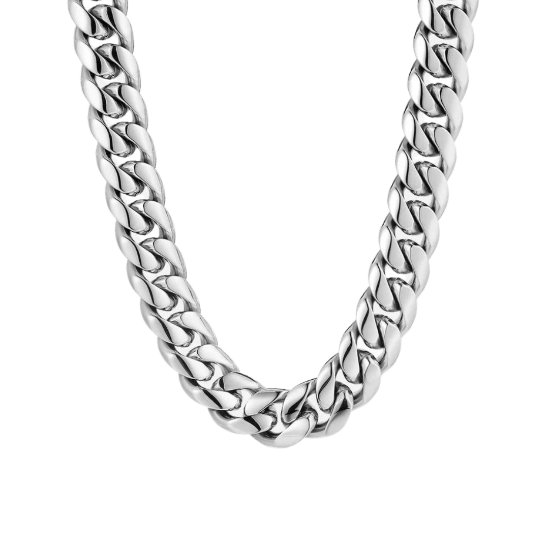 White gold Cuban link chain with a 12mm width, featuring bold, interlinked segments that create a striking and luxurious appearance.