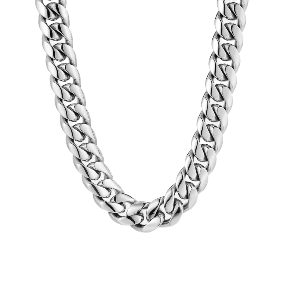 White gold Cuban link chain with a 12mm width, featuring bold, interlinked segments that create a striking and luxurious appearance.