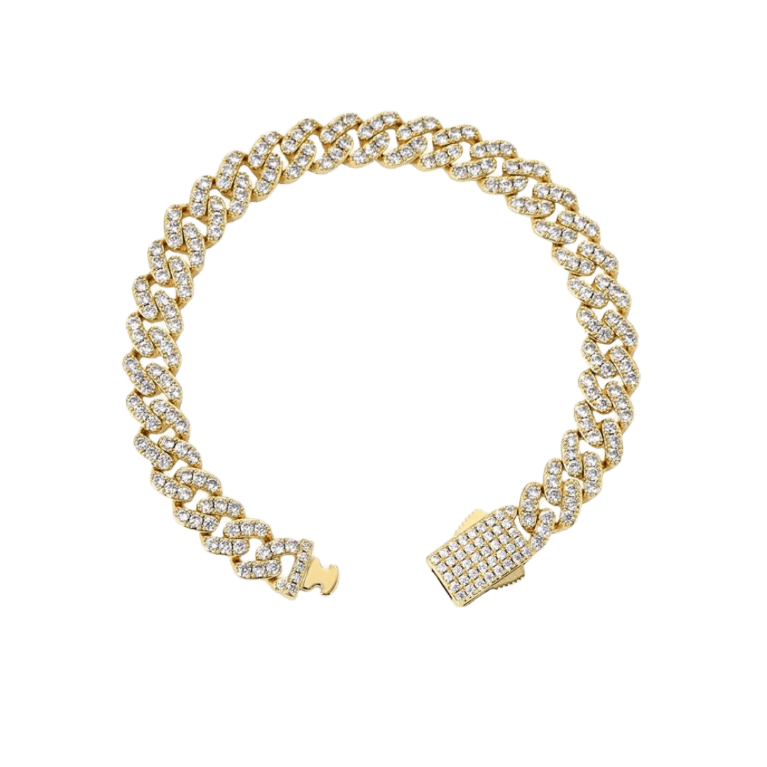 18k gold iced Cuban link bracelet with a 9mm width, featuring sparkling, embedded stones that enhance the bracelet's bold and luxurious design.