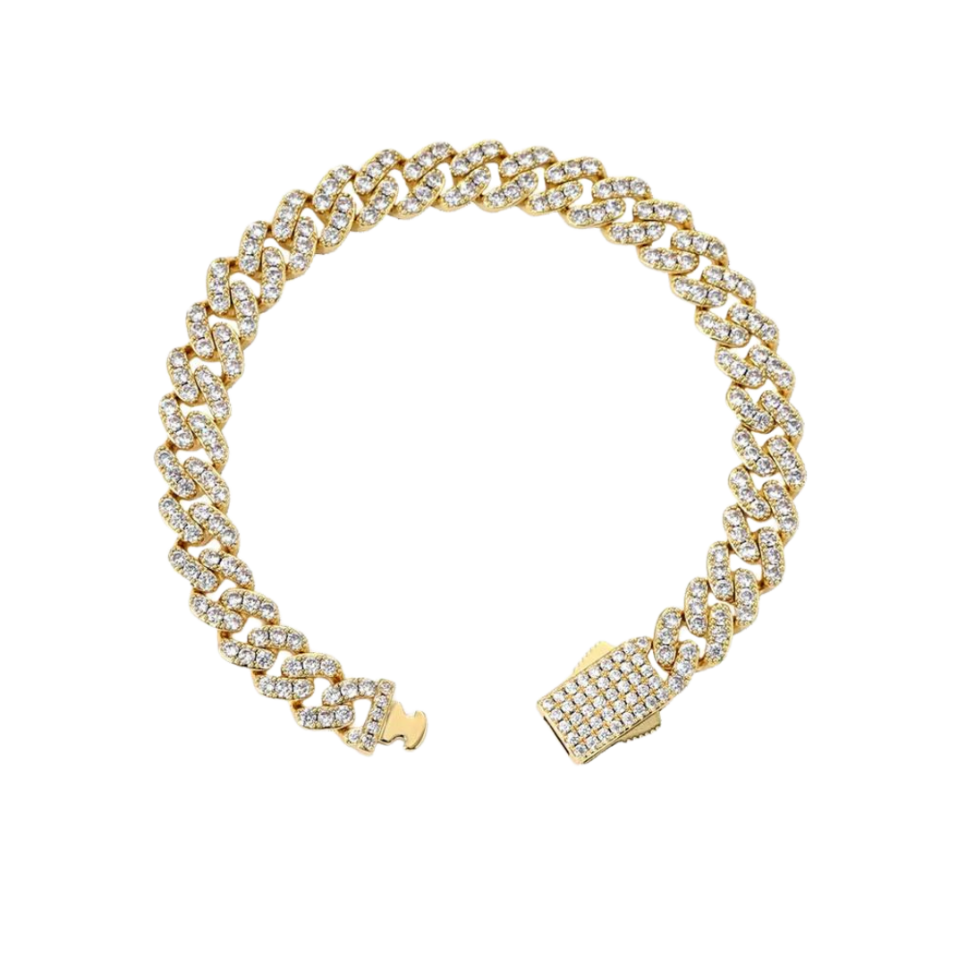 18k gold iced Cuban link bracelet with a 9mm width, featuring sparkling, embedded stones that enhance the bracelet's bold and luxurious design.